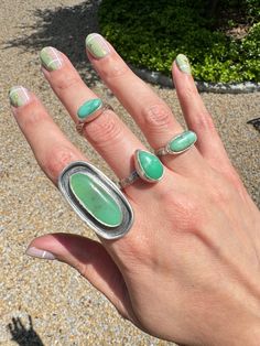 Beautiful green chrysoprase set in fine silver on a patterned sterling silver band. Each one is unique. Size 8.5/9 Chrysoprase Jewelry, Chrysoprase Ring, Snake Ring Silver, Chalcedony Earrings, Jasper Ring, Tourmaline Earrings, Snake Earrings, Blue Chalcedony, Quartz Ring