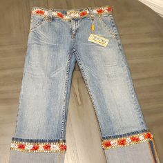 Allen B By Allen Schwartz Jeans. Size 30 Denim With Intricate Embellishments. Boho Style With Cuffs. Waistband And Cuffs Serious Detail For A Unique Look. Nwt. Never Been Worn. 32inches From Waist To Cuffed Bottom. Vintage Rare Find. Embroidered Jeans Diy, Hipster Jeans, Lace Jeans, Rhinestone Jeans, Boho Jeans, Denim Flare Jeans, Rock Outfits, Patchwork Jeans, Embellished Jeans