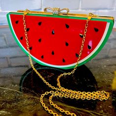 Sarit Designer Bags Watermelon Purse New With Tags! Gold Chain For Over The Shoulder Or Not For Clutch,Crystal Bow Closure,Lots Of Room In This Purse! Green Shoulder Bag For Summer Parties, Green Summer Party Shoulder Bag, Green Summer Party Bags, Multicolor Summer Clutch Evening Bag, Multicolor Clutch Evening Bag For Summer, Trendy Summer Clutch As A Gift, Red Shoulder Bag For Summer Parties, Green Evening Bag For Summer, Green Evening Bags