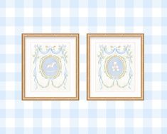 two framed pictures on a wall with blue and white checkered walls behind each one