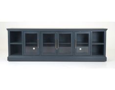 a black entertainment center with glass doors on the front and bottom shelves in different sizes