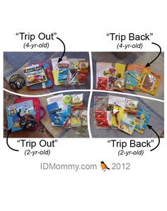 the contents of a child's travel bag are shown in three different pictures and labeled