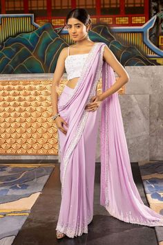 Lilac pre-draped saree with scattered effect work using shaped sequin and beads around the hemline. Paired with a fully embellished holographic sequin blouse with spaghetti straps. - Aza Fashions Purple Holographic, Draped Saree, Drape Saree, Sequin Blouse, Indian Dress, Blouse For Women, Saree With Blouse, Saree Blouse, Aza Fashion