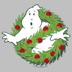 a ghost wreath with red ornaments around it