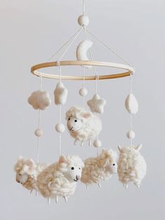 Handmade Wool Felt Mobile - Sheep - Andnest.com Felt Nursery Mobile, Felt Mobile Baby, Whimsical Nursery Room Inspiration, Sheep Nursery Theme, Nursery Diy Decor, Diy Mobile Baby, Whimsical Mobile, Baby Mobile Diy