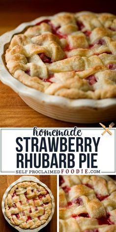 homemade strawberry rhubarb pie with text overlay