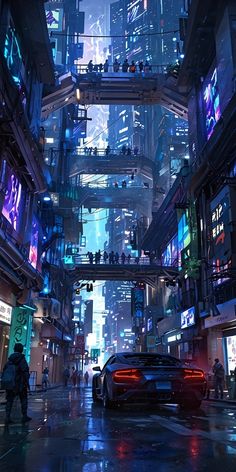 a futuristic city street at night with cars parked on the side and people walking around