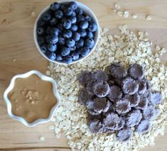 blueberries, oatmeal and peanut butter on a wooden table