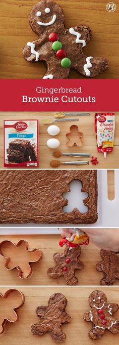 gingerbread brownie cutouts are being made with cookie cutters and icing