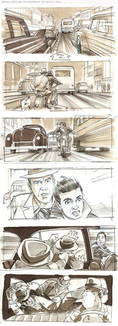 the storyboard for an upcoming movie is shown in black and white, with two men driving