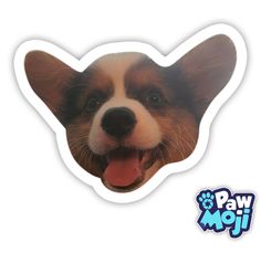 a brown and white dog sticker with its tongue out in front of it's face