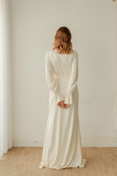 Dakota Off-white Long Sleeves Wrap Dress / Floor Length Satin | Etsy Beige V-neck Maxi Dress For Wedding, V-neck Bias Cut Maxi Dress For Weddings, Off White V-neck Maxi Dress For Wedding, Fitted Maxi Length V-neck Wedding Dress, Cream V-neck Maxi Dress For Bridesmaid, Cream V-neck Bridesmaid Maxi Dress, Cream V-neck Bias Cut Dress, Long Sleeve Bias Cut Maxi Dress For Wedding, White V-neck Wrap Dress For Formal Occasions