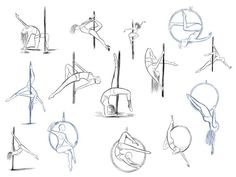 a bunch of different types of acrobatics in various poses and positions, all drawn by hand