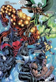 an image of the avengers team up in front of some other characters and their names