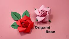 two origami roses on a pink background with the words origami rose