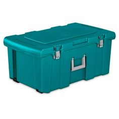 a large blue plastic box with two handles and latches on the lid, sitting against a white background