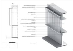 an architectural drawing shows the details of a tall building with glass and metal balconies