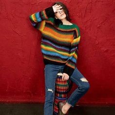 Brighten up the day in this Rainbow Striped Knitted Pullover! You'll be a ray of sunshine in this knitted number these upcoming cloudy days of fall and winter. This pullover won't only make you look like a sunny summer day but it will also keep you as warm as one. Pair this pullover with solid printed jeans or trousers and some earth-toned boots to bring balance to the bright colored stripes.  SpecificationsMaterial: PolyesterTechnics: Computer KnittedStyle: CasualSleeve Length: FullPattern: StripedCollar: O-NeckSize Chart SizeShoulderBustSleeveLengthOne Size18.8in / 48cm40.9in / 104cm15.7in / 40cm25.5in / 65cm Casual Colorful Fall Sweater, Trendy Fall Crochet Sweater, Trendy Crochet Sweater For Fall, Casual Colorful Acrylic Sweater, Colorful Acrylic Casual Sweater, Casual Crochet Crew Neck Sweater, Multicolor Chunky Knit Casual Sweater, Casual Crochet Knit Sweater, Casual Multicolor Chunky Knit Sweater