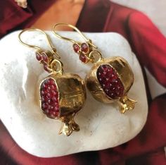 Pomegranate Design Earrings Pomegranate Jewelry Handmade - Etsy Hand Forged Gold Ruby Jewelry, Unique Garnet Gold Jewelry, Gift Hammered Earrings In 22k Gold, Unique Gold Garnet Jewelry, 22k Gold Hammered Earrings As Gift, Hammered 22k Gold Earrings As Gift, Yellow Gold Garnet Earrings For Gift, Gold Garnet Earrings For Wedding, Traditional Earrings With Natural Stones For Gifts