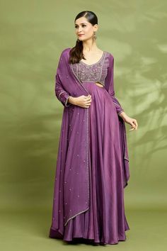 Purple padded anarkali with waist cut-outs and sequins and aari embroidered yoke and sleeves. Comes with a dupatta. - Aza Fashions Purple Anarkali Set With Mirror Work For Eid, Anarkali Purple Kurta With Mirror Work, Purple Mirror Work Anarkali Set For Eid, Purple Anarkali Salwar Kameez With Mirror Work, Anarkali Churidar With Mirror Work In Purple, Purple Chanderi Anarkali Set For Reception, Diwali Mirror Work Maxi Length Anarkali Set, Purple Anarkali Dress With Gota Work, Diwali Anarkali Set With Mirror Work, Maxi Length