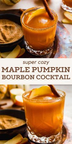 maple pumpkin bourbon cocktail with cinnamon sticks in it and apples on the table next to it