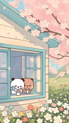 two cartoon bears sitting in a window sill with cherry blossoms on the tree behind them