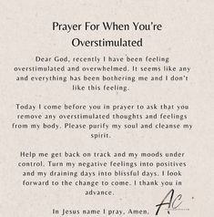 a prayer card with the words prayer for when you're oversillated