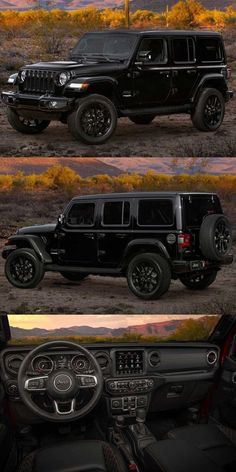 the interior and dashboard of a black jeep in desert with mountains behind it at sunset