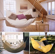 three pictures of hammocks in different rooms