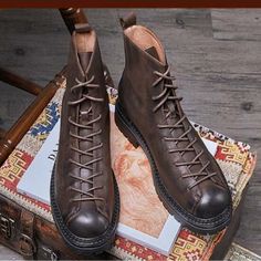 Retro Leather Ankle Lace-up Boots, Retro Leather Lace-up Boots For Winter, Vintage Brown High-top Martin Boots, Retro Leather Combat Boots With Round Toe, Retro Leather Moto Boots With Round Toe, Retro Leather Combat Boots For Fall, Leather Stitching, Casual Leather Shoes, Mens Leather Boots