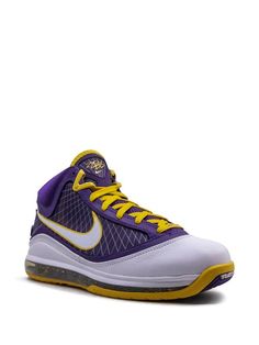 Shop purple & yellow Nike Air Max Lebron 7 "Media Day" sneakers with Express Delivery - Farfetch Nike Basketball Sneakers With Rubber Sole, Nike Custom Basketball Sneakers With Branded Insole, Nike Custom Sneakers With Boost Midsole For Basketball, Basketball Shoes With Abzorb Midsole For Sports, Purple High-top Sneakers With Boost Midsole For Sports, Synthetic High-top Sneakers With Air Max Cushioning, Purple Mid-top Sneakers With Boost Midsole, Mid-top Leather Sneakers For Sports Events, Leather Mid-top Sneakers For Sports Events