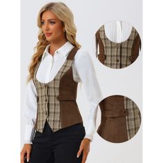 Introducing the stunning vintage sleeveless waistcoat! This elegant piece features a classic U-neck design, a stylish plaid print, and three buttons at the front for a touch of sophistication. The racerback and pointed hem add a modern twist, while the faux suede panel brings a luxurious feel to the waistcoat. Perfect for both formal occasions and casual vintage looks, these women's vintage waistcoats are versatile and chic. Whether you're heading to the office, a fashion show, a casual gatherin Vintage Waistcoat, Sleeveless Waistcoat, Suit Vest, Plaid Print, Halloween Women, Women Vintage, Office Work, Work Fashion, Women Tops