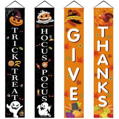 three halloween banners with the words thanks, pumpkins, and ghostes on them