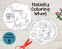 the nativity coloring wheel with scissors and crayons