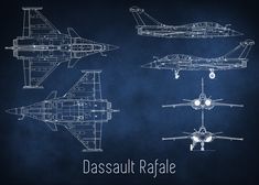 four different types of fighter jets are shown in blueprint on a dark background with the words, daasaut rafale