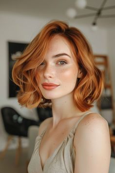 Red-haired woman with a wavy bob haircut smiling indoors. Ginger Hair Dark Roots, Red Head Balayage, Cowboy Copper Hair With Blonde, Beyoncé Hair, Ginger Hair Color Ideas, Beyonce Hair Color, Cowboy Copper Hair, Shadow Roots, Copper Hair Color Ideas