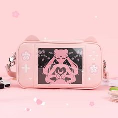 Cute cat ear handbag with 6 insert cards: Sailor Moon, anime cat, game over, butterfly, Mount Fuji, and night moon. Kawaii Rectangular Shoulder Bag, Kawaii Rectangular Portable Shoulder Bag, Kawaii Portable Rectangular Shoulder Bag, Portable Rectangular Kawaii Shoulder Bag, Pink Portable Kawaii Shoulder Bag, Pink Rectangular Shoulder Bag With Cat Design, School Bags With Anime Print, Cute Rectangular Shoulder Bag, Butterfly Mount