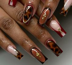 Brown Bday Nails, Tortus Shell Nail Designs, Thanksgiving Acrylic Nail Designs, Brown And Gold Nails, Amber Nails, Almond Acrylic Nails Designs, Hippie Nails, Cute Acrylic Nail Designs, French Acrylic Nails