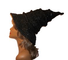 Awesome crochet witches hat. Great piece to add to your Halloween costume, to wear to festivals or to wear to your next wiccan event.  Can be worn by men or women or given as a gift to your favorite witchy person. Created with double strand black with gold threading acrylic yarn. Hand wash with a mild detergent and lay flat to dry. 18" from brim to point of hat fits most adults Crochet Witches Hat, Crochet Witches, Cosplay Crochet, Hat Halloween Costume, Awesome Crochet, Wizard Hat, Witches Hat, Hat Fits, Festival Hat