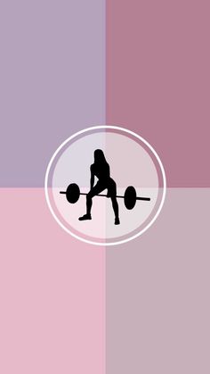 a woman lifting a barbell on top of a pink and purple background with an oval frame