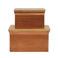 two wooden boxes sitting on top of each other in front of a white background,