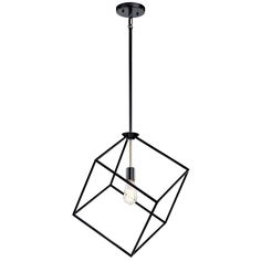 a black and white light fixture with an open cube design on the bottom, hanging from a