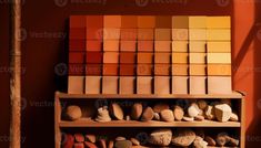 there are many different colors on the shelves in this room, including oranges and browns