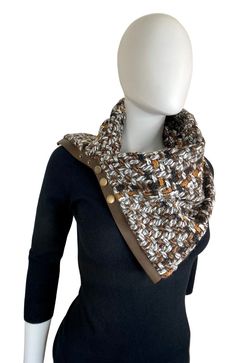 Bring your aesthetic to the next level with this sophisticated scarf! It measures 26" (66.04 cm) in length and 10" (25.4 cm) in width, crafted with 100% brown genuine leather and a 100% tweed wool blend fabric. Luxury Brown Scarves For Winter, Designer Wool Scarves For Fall, Elegant Brown Scarves For Winter, Elegant Brown Winter Scarves, Chic Brown Scarf For Fall, Cowl Neck Scarf, Leather Scarf, Brown Tweed, Sleek Look