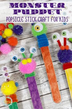 popsicle stick craft for kids made with monster puppets and pom - poms