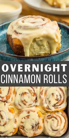 cinnamon rolls with cream cheese frosting on top and in a blue dish next to the recipe