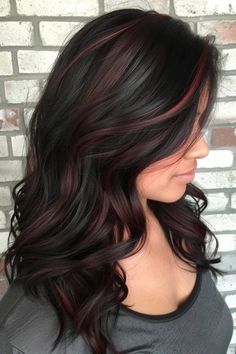 Wine Hair Ombre, Black Hair With Red Highlights Bangs, Black Hair With Red Pieces, Cinnamon Highlights On Black Hair, Subtle Red Highlights In Black Hair, Jet Black Hair With Red Highlights, Red Lowlights In Black Hair, Dark Hair With Burgundy, Black Hair With Dark Red Highlights