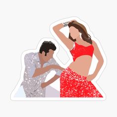 a sticker depicting a man dancing with a woman in a red dress and silver sequins