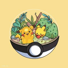 two pikachu in a bowl with plants and rocks on the bottom, one is eating