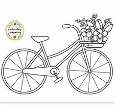 a bicycle with flowers in the basket on it's front wheel, coloring page